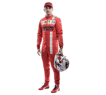 Person wearing a red racing suit with Ferrari logo on a white background