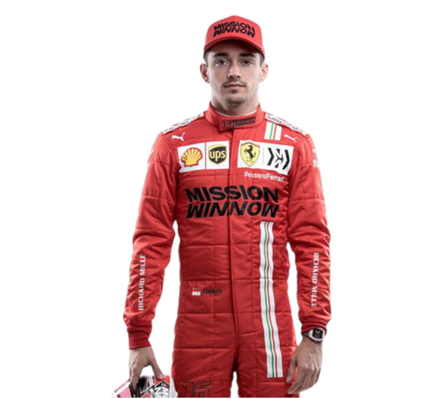Person wearing a red racing suit with various sponsor logos on a white background