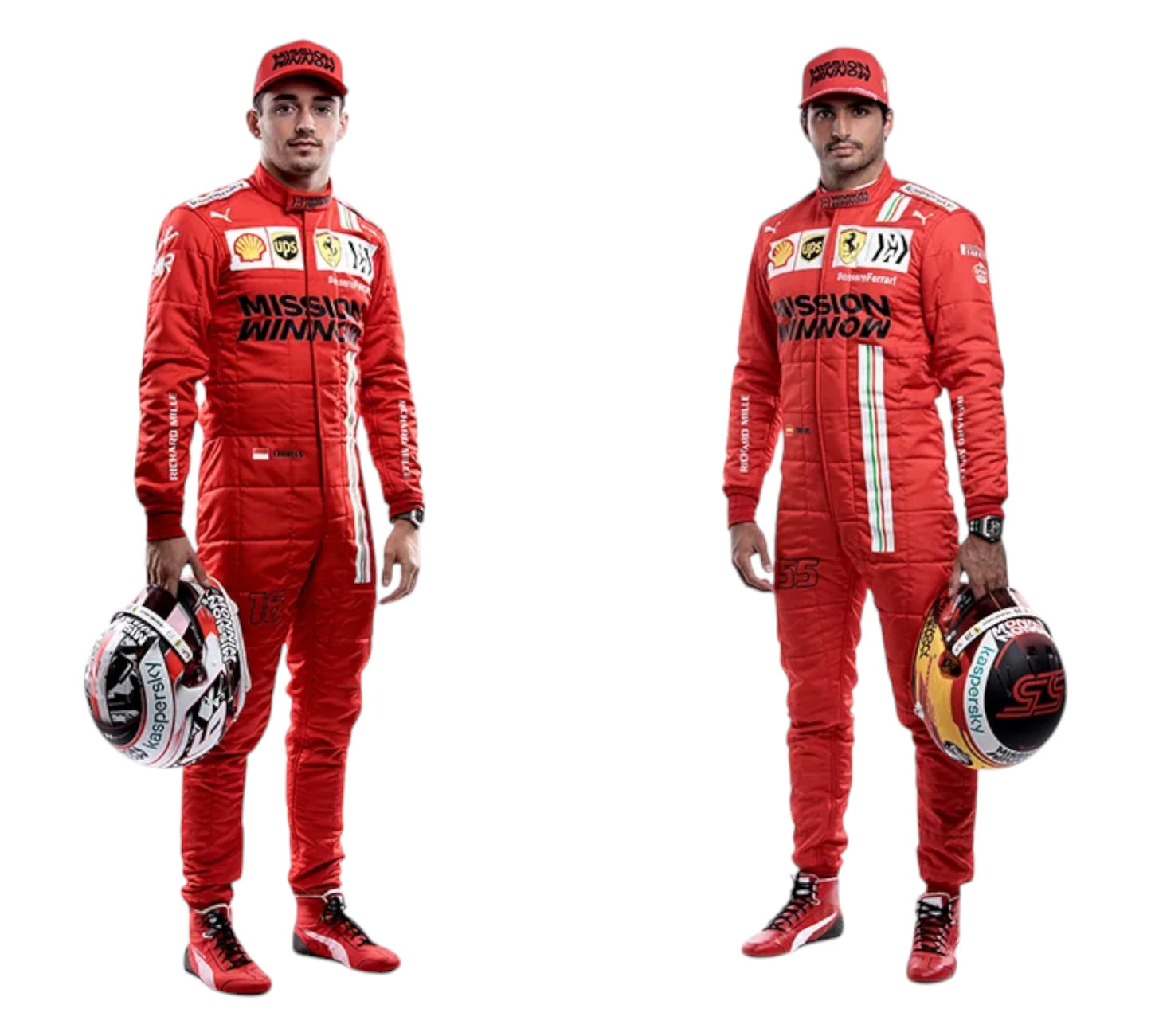 Two individuals in red racing suits with visible branding on a white background