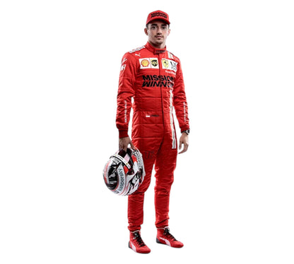 Person wearing a red racing suit with visible branding on a white background