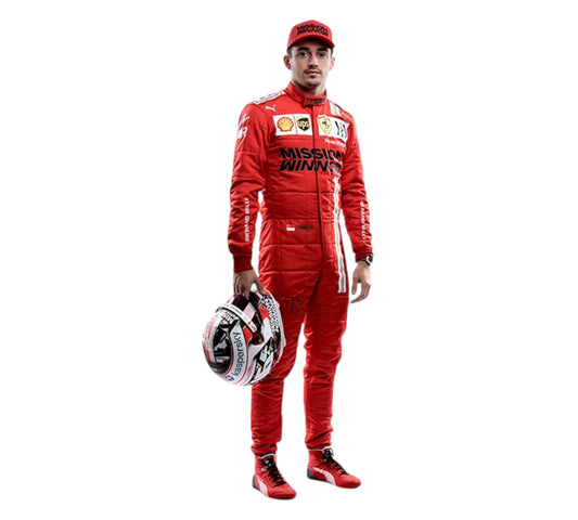 Person wearing a red racing suit with visible branding on a white background