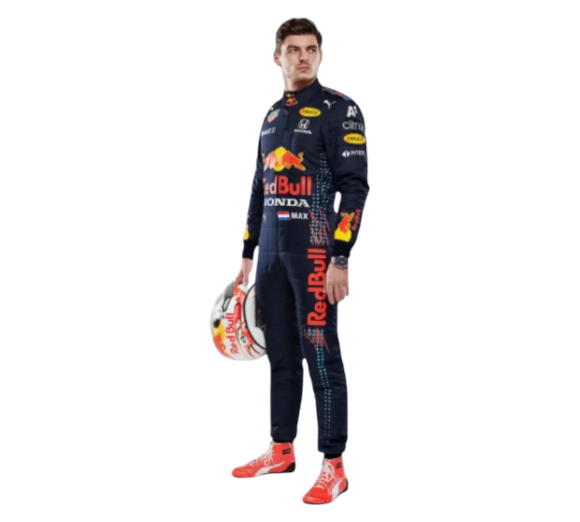 Person wearing a Red Bull racing suit holding a helmet on a white background