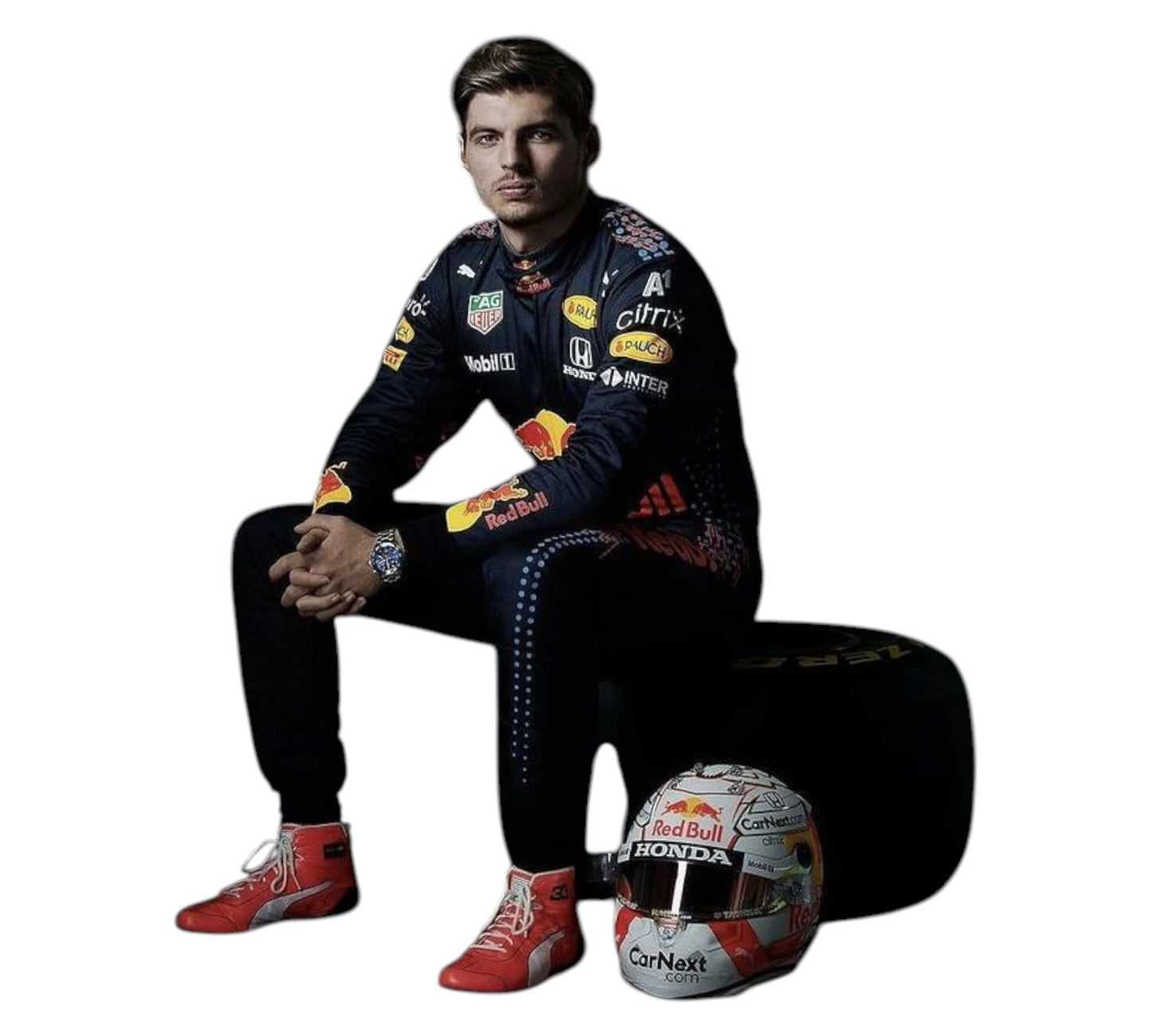 Person in racing suit with helmet and tire on a white background