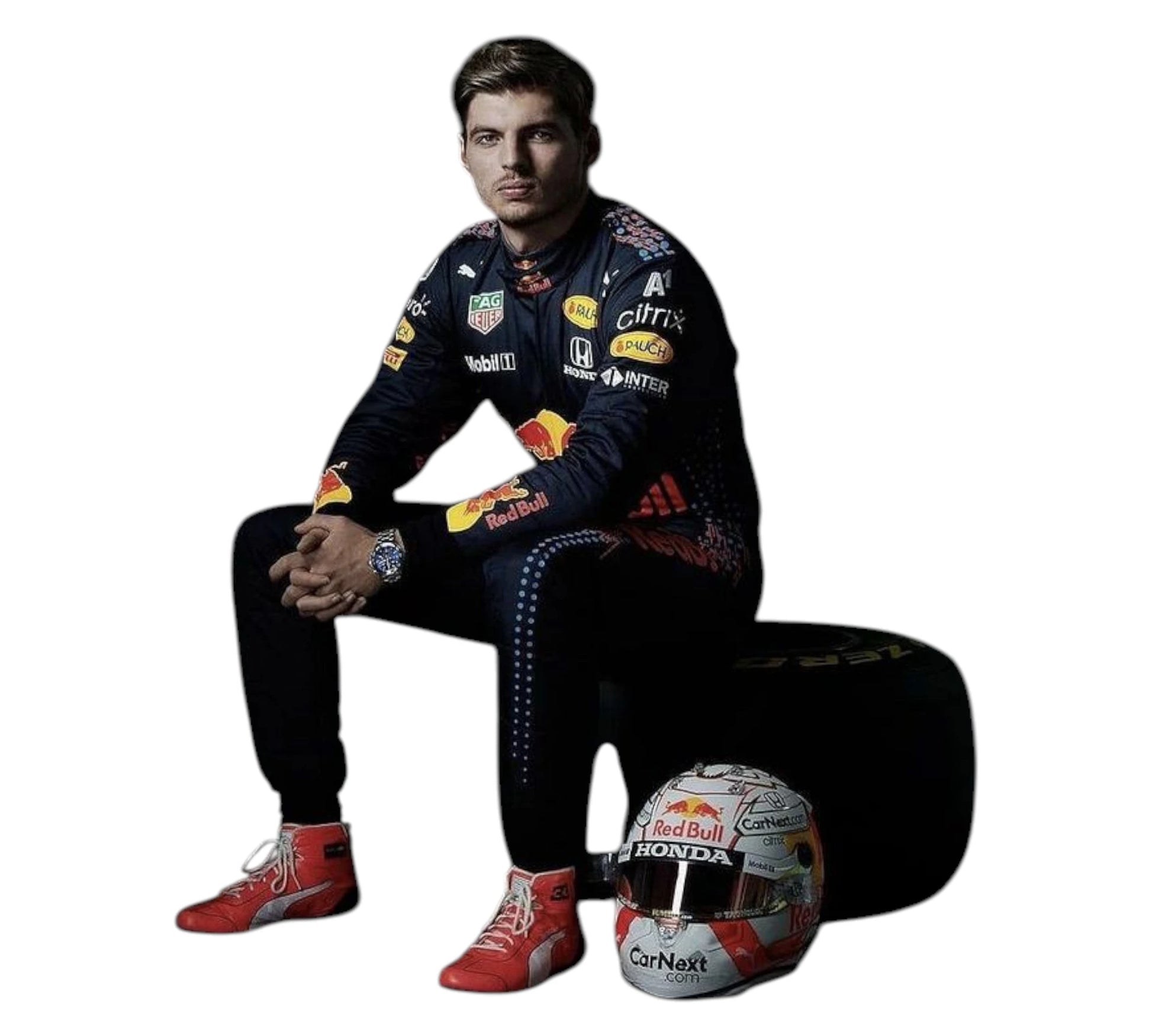 Person in racing suit with helmet and tire on a white background
