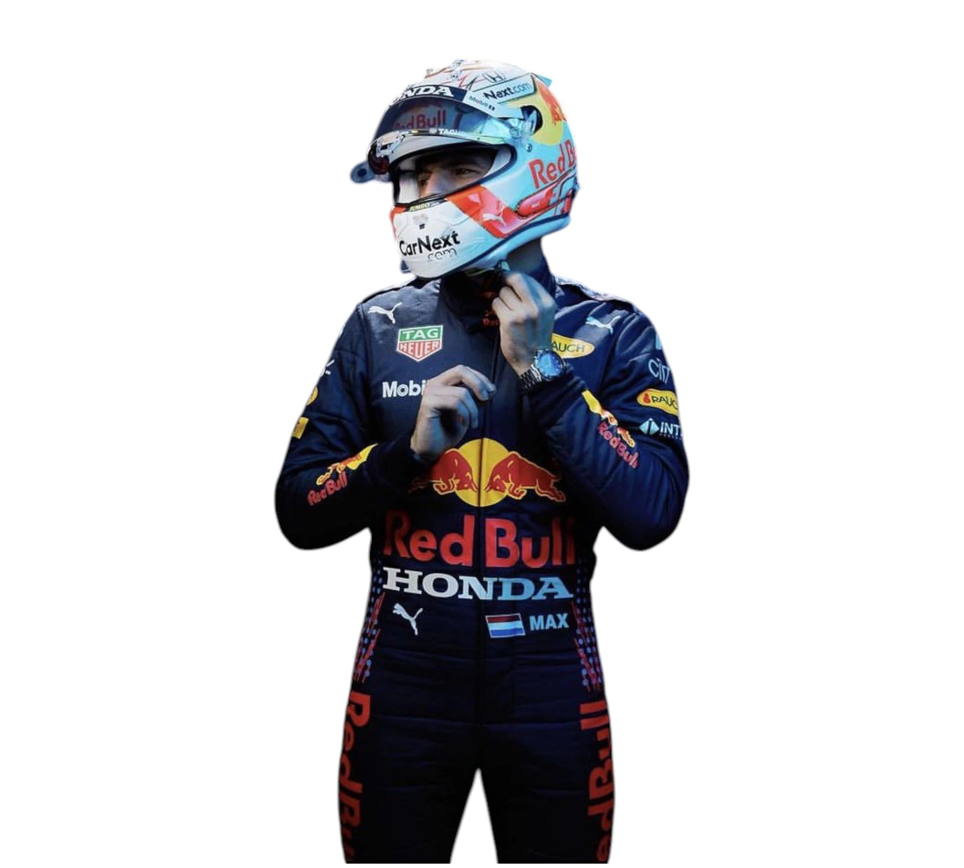 Person wearing a Red Bull racing suit and helmet on a white background