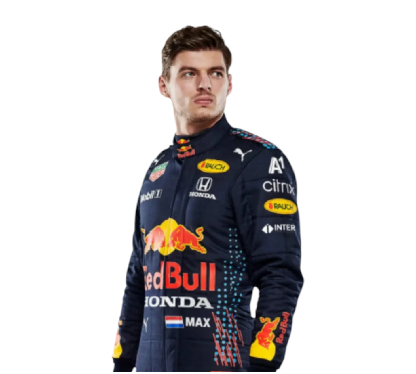 Person wearing a dark blue racing suit with various sponsor logos on a white background