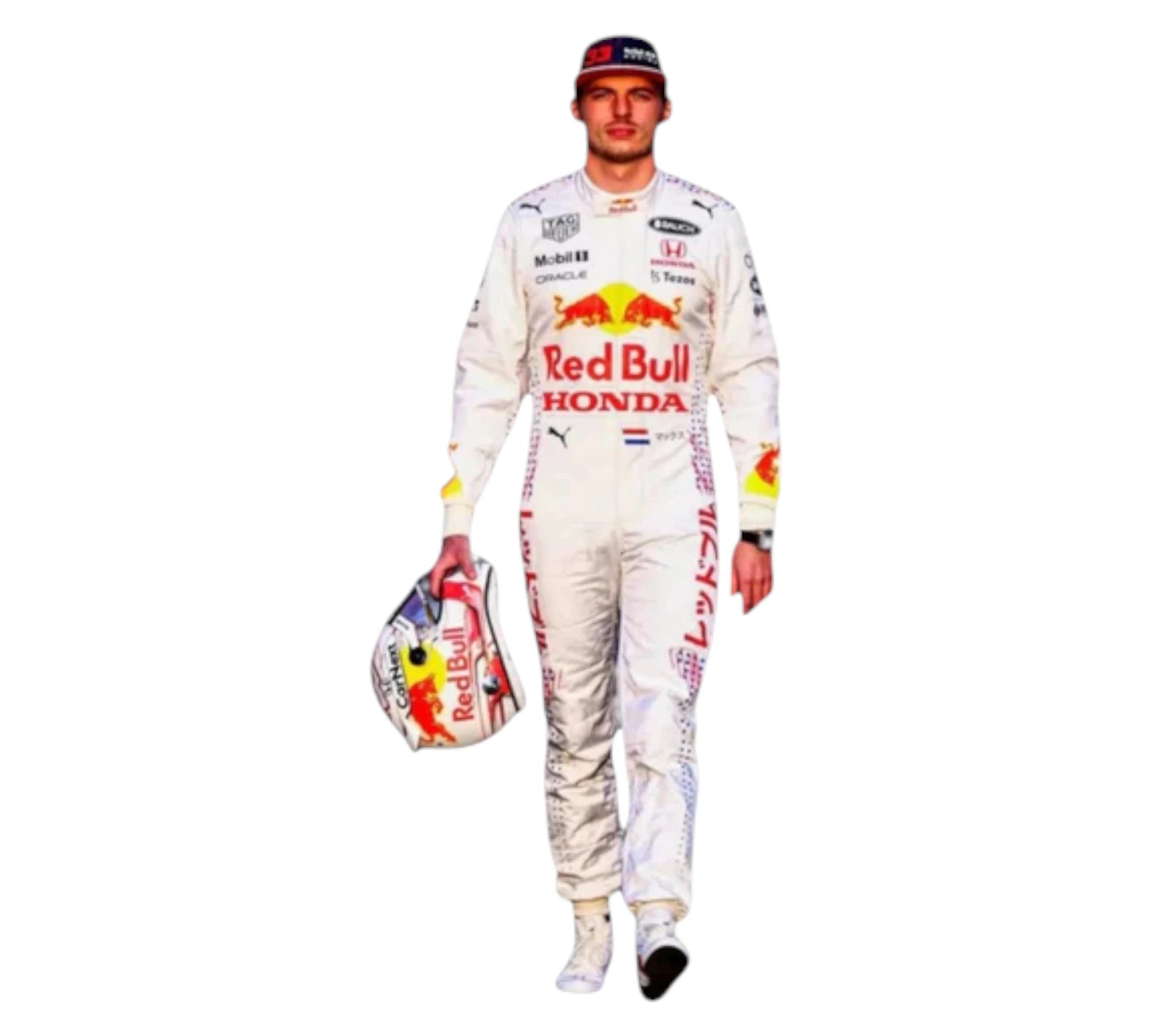 Person wearing a Red Bull racing suit with helmet and gloves on a white background