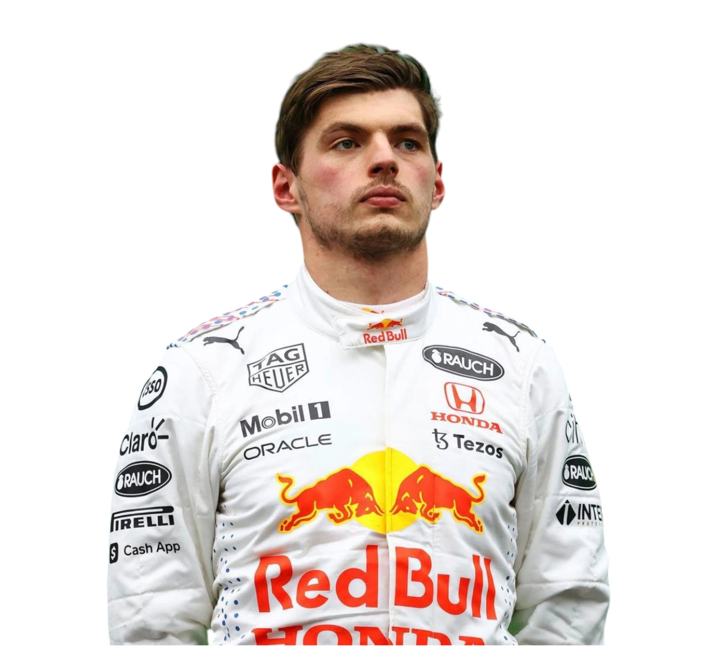 Person wearing a Red Bull racing suit with various sponsor logos on a white background