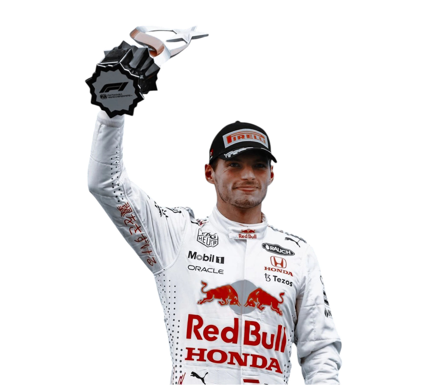 Person in a racing suit holding a trophy with visible branding on a white background