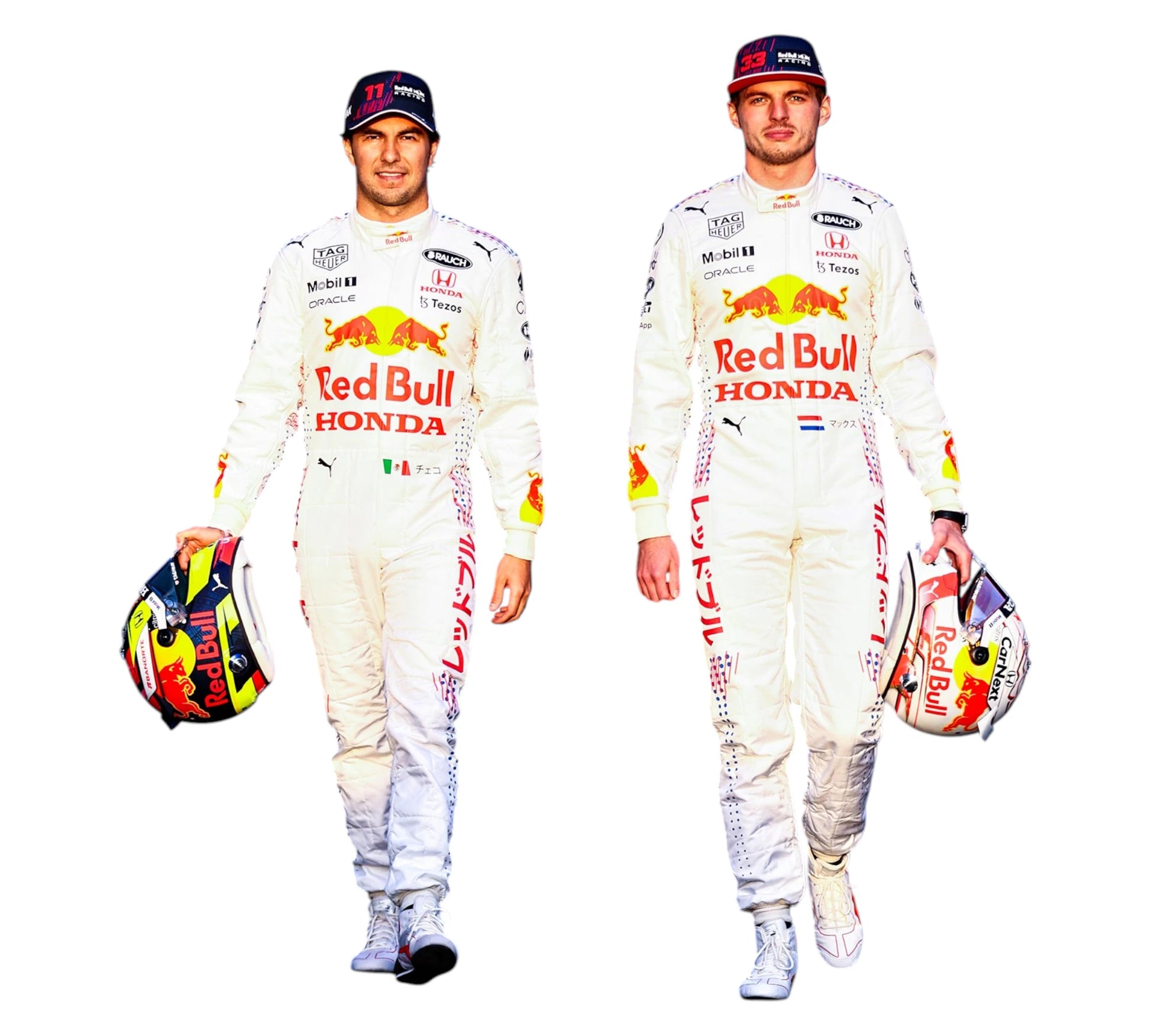 Two Formula 1 drivers in Red Bull racing suits holding helmets on a white background