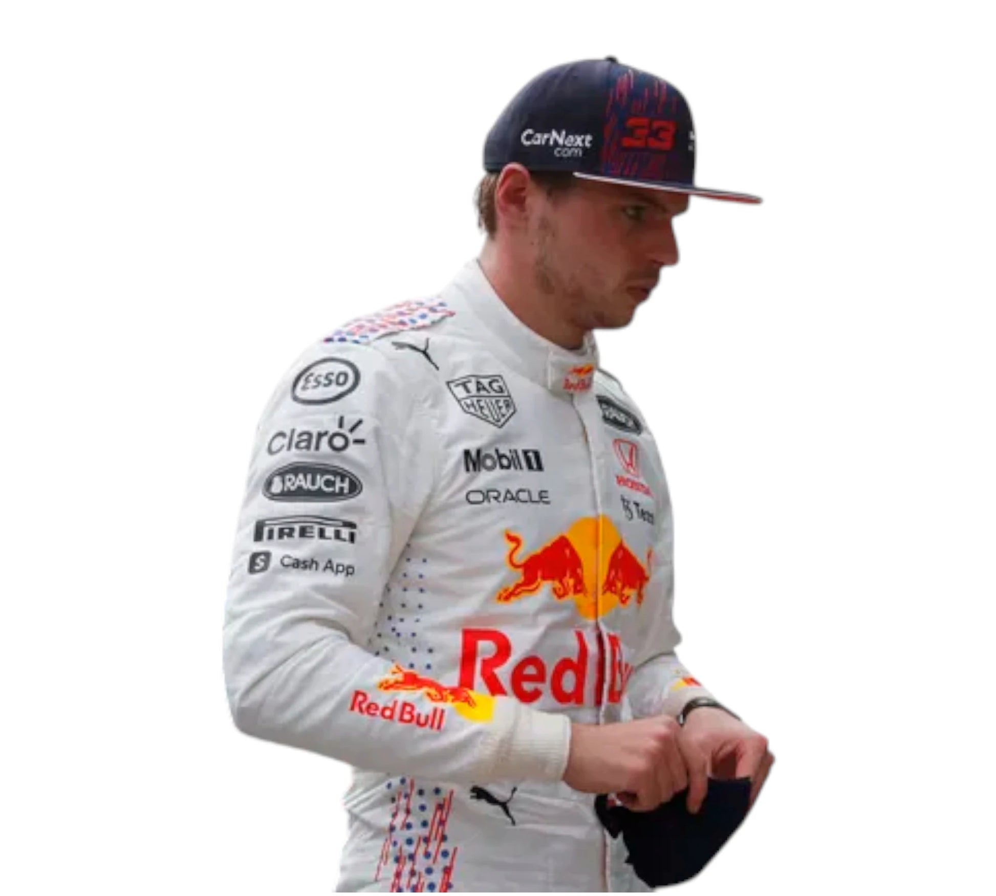 Person wearing a Formula 1 racing suit with various sponsor logos on a white background