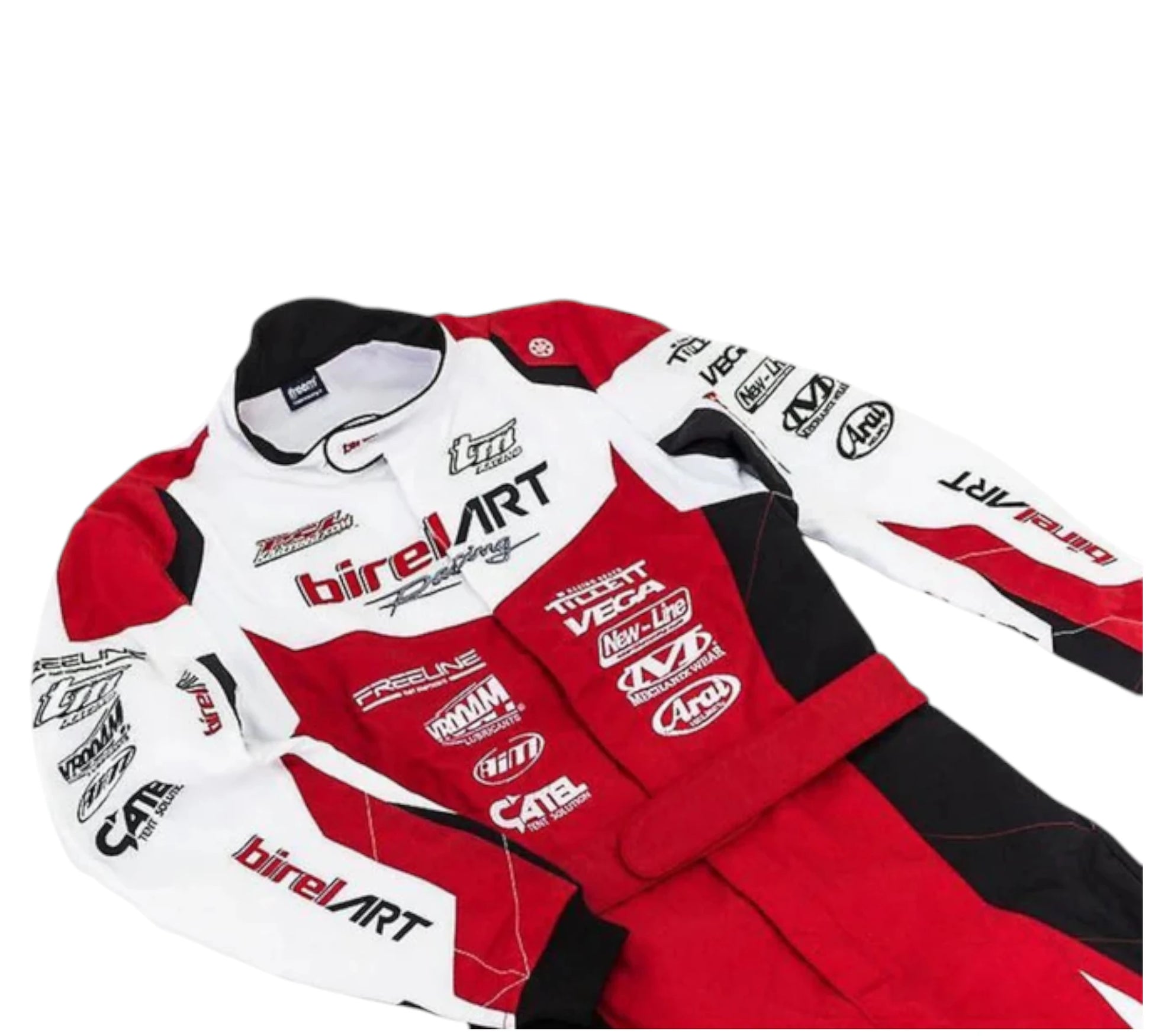Red, white, and black racing suit with various brand logos on a white background