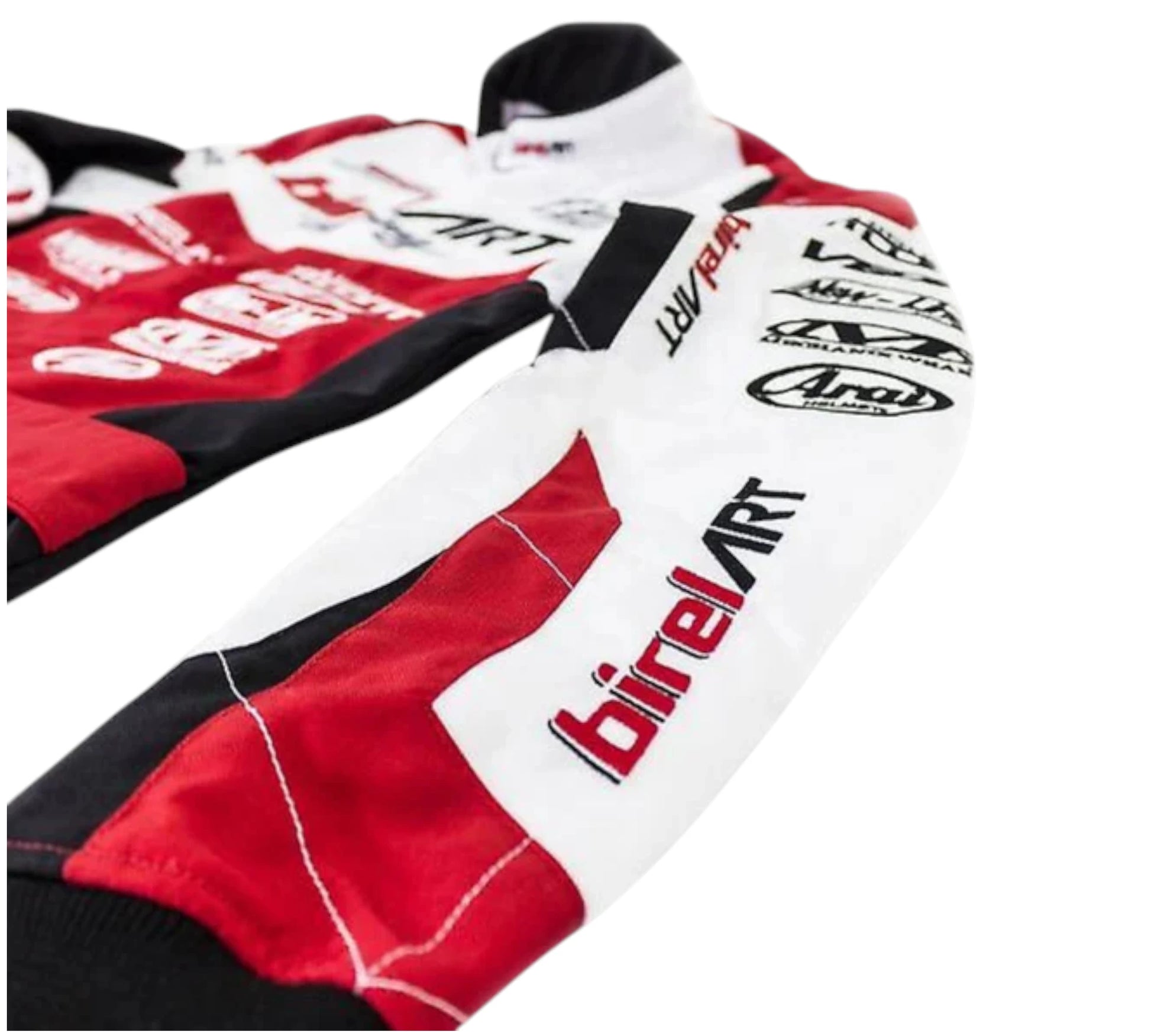 Close-up of a racing suit with visible branding on a white background