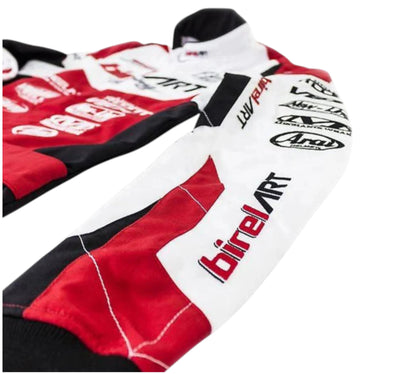 Close-up of a racing suit with visible branding on a white background