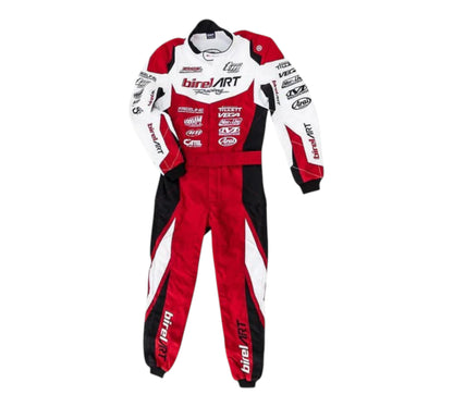 Red, white, and black racing suit with various brand logos on a white background