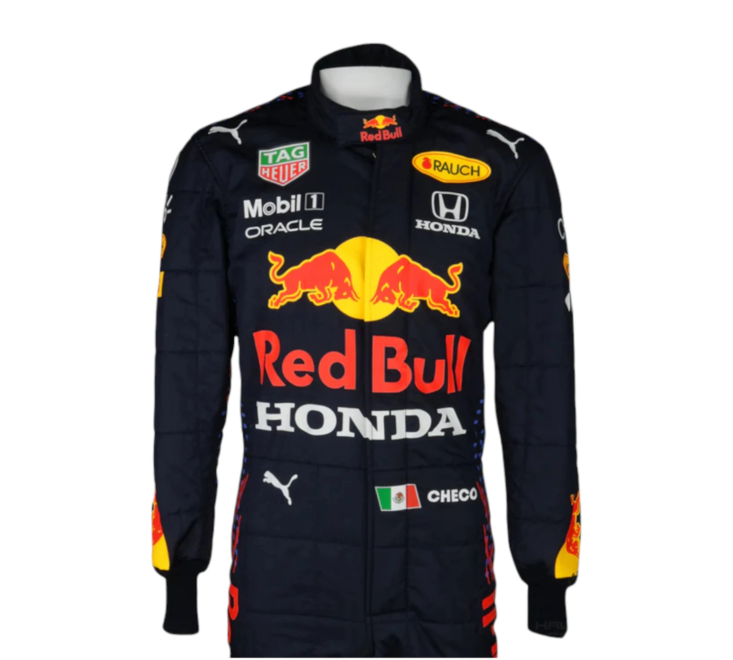 Puma race suit worn by Sergio Perez during the 2021 Formula 1 season while driving for the Oracle Red Bull team.
