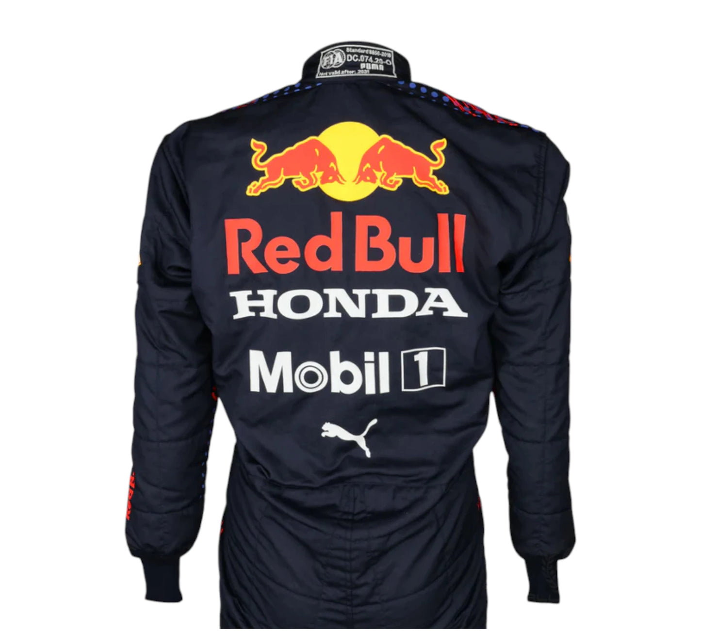 Puma race suit worn by Sergio Perez during the 2021 Formula 1 season while driving for the Oracle Red Bull team.
