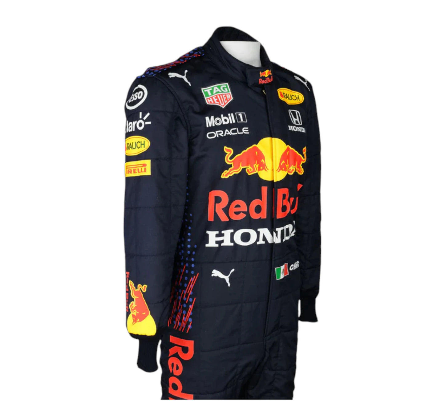 Puma race suit worn by Sergio Perez during the 2021 Formula 1 season while driving for the Oracle Red Bull team.
