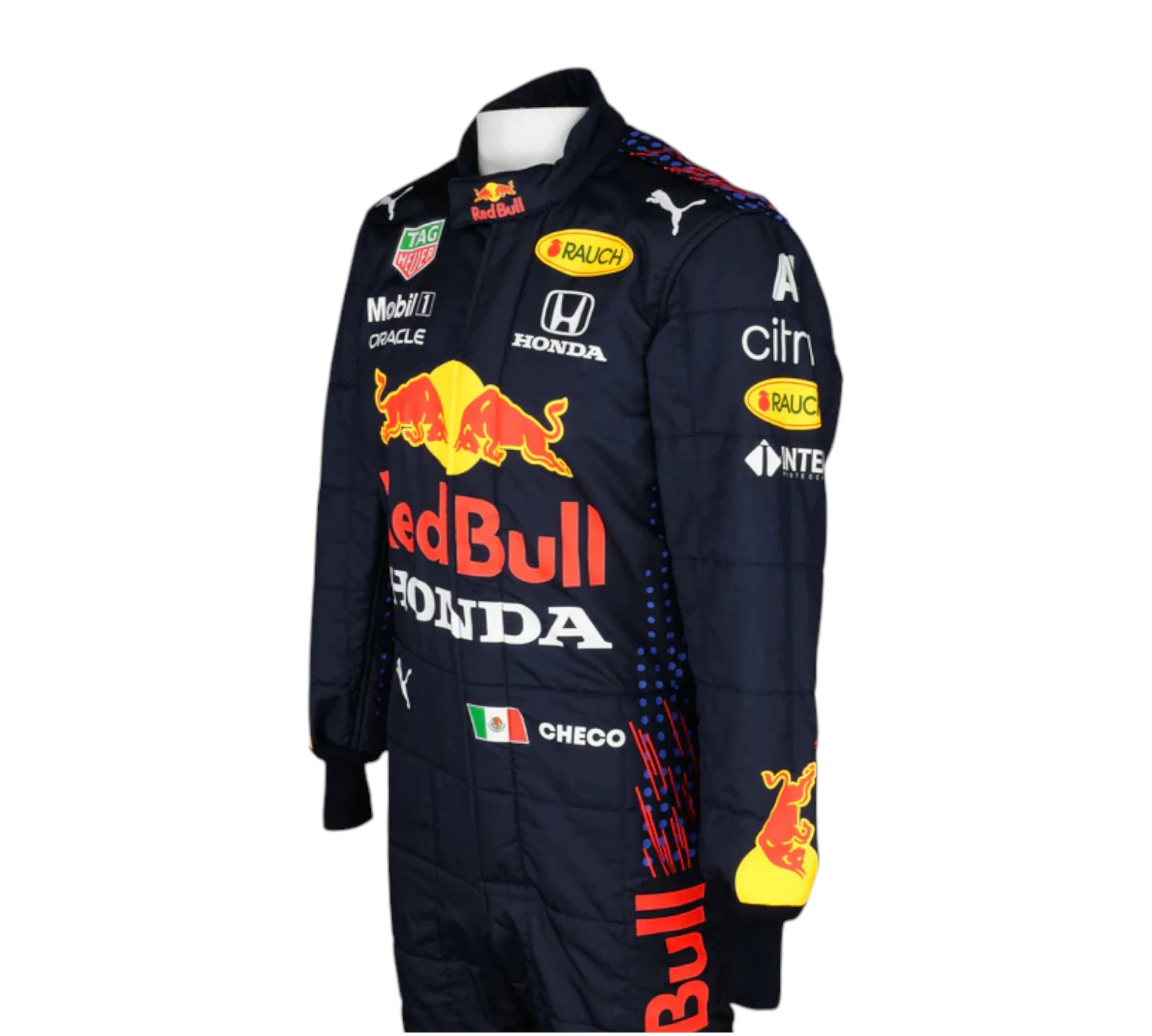 Puma race suit worn by Sergio Perez during the 2021 Formula 1 season while driving for the Oracle Red Bull team.
