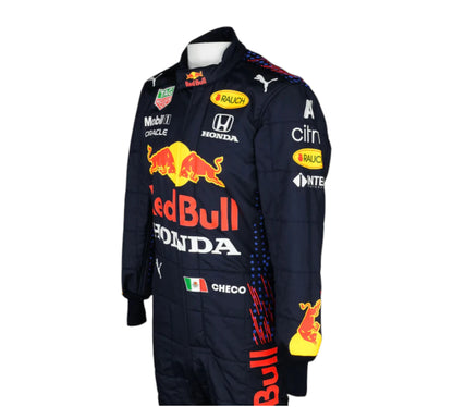 Puma race suit worn by Sergio Perez during the 2021 Formula 1 season while driving for the Oracle Red Bull team.
