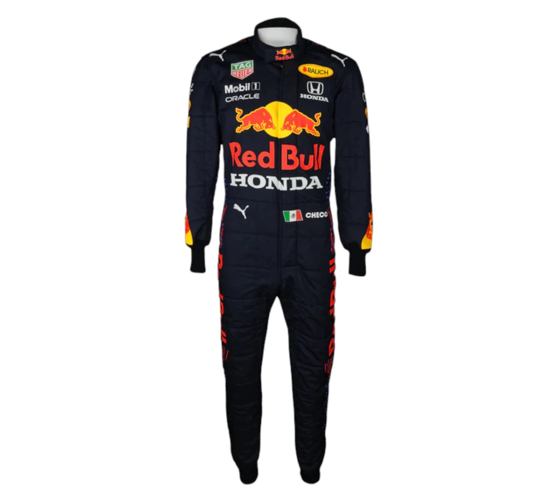 Puma race suit worn by Sergio Perez during the 2021 Formula 1 season while driving for the Oracle Red Bull team.

