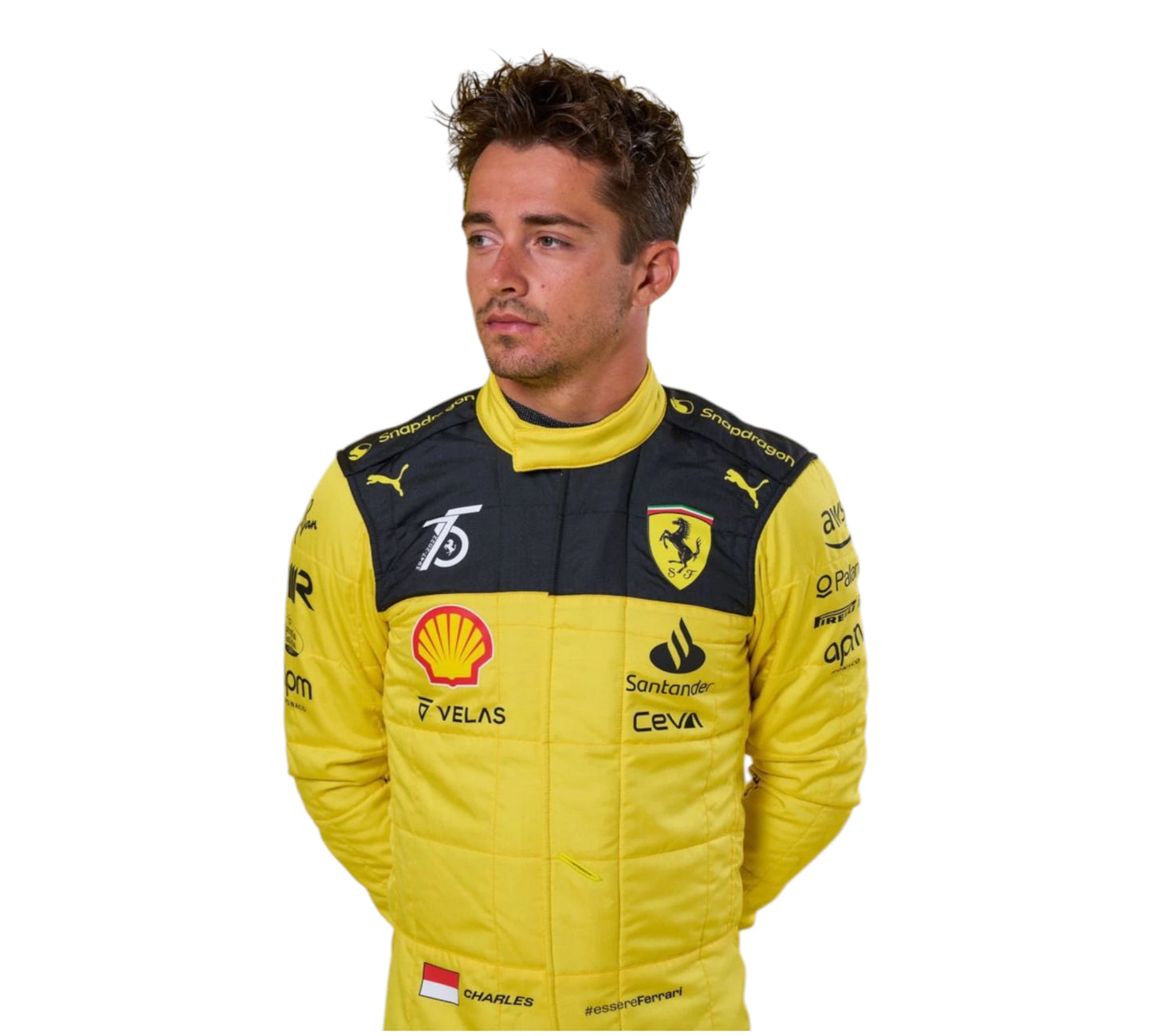Person wearing a yellow racing suit with various sponsor logos on a white background