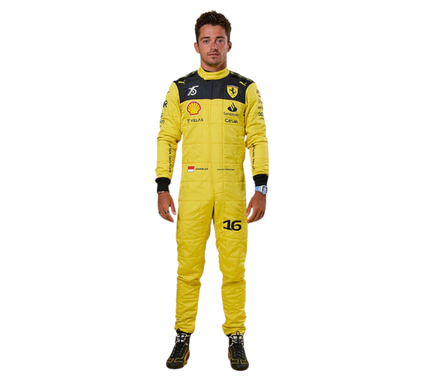 Person wearing a yellow racing suit with sponsor logos on a white background
