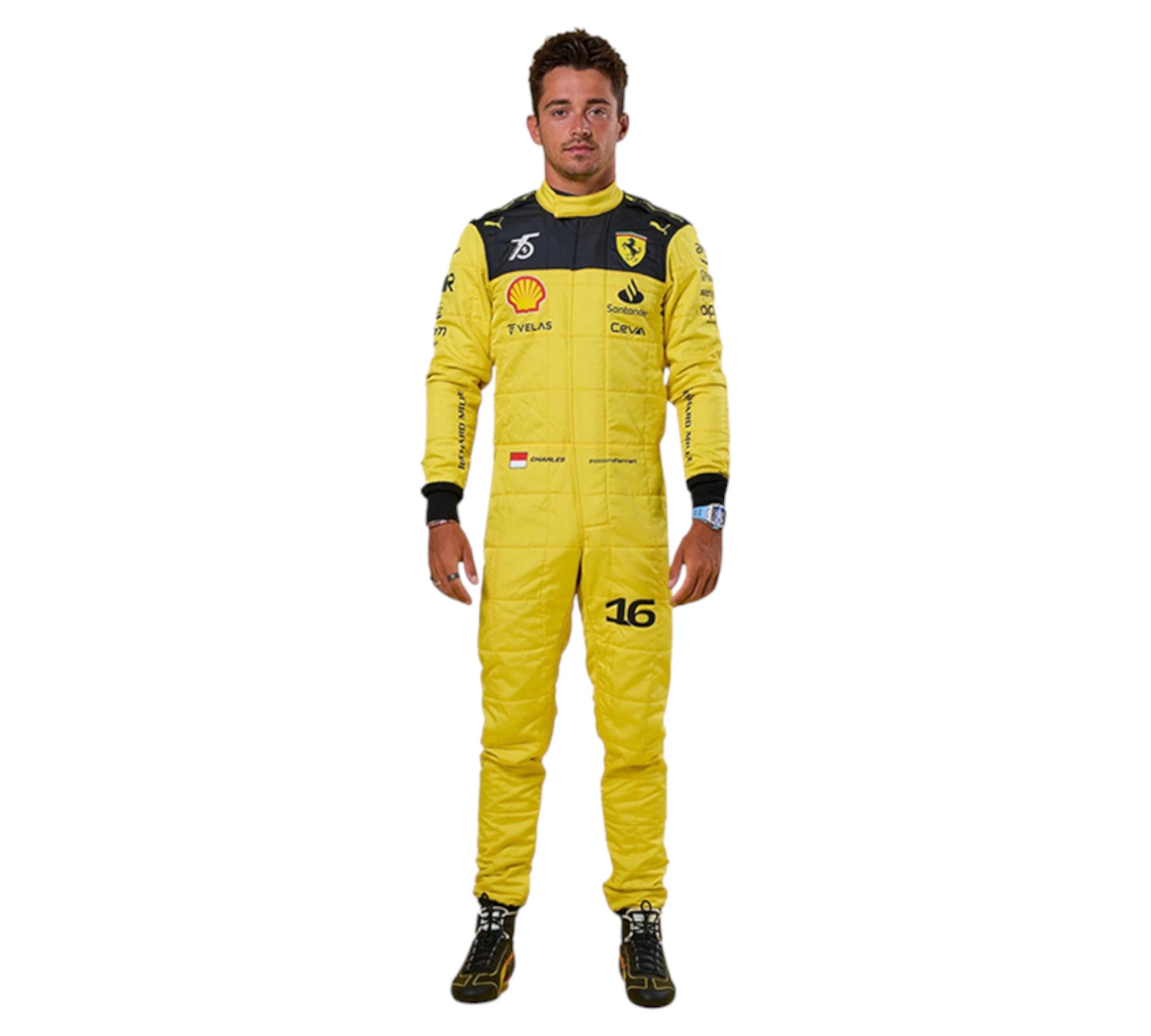Person wearing a yellow racing suit with sponsor logos on a white background