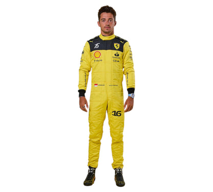 Person wearing a yellow racing suit with sponsor logos on a white background
