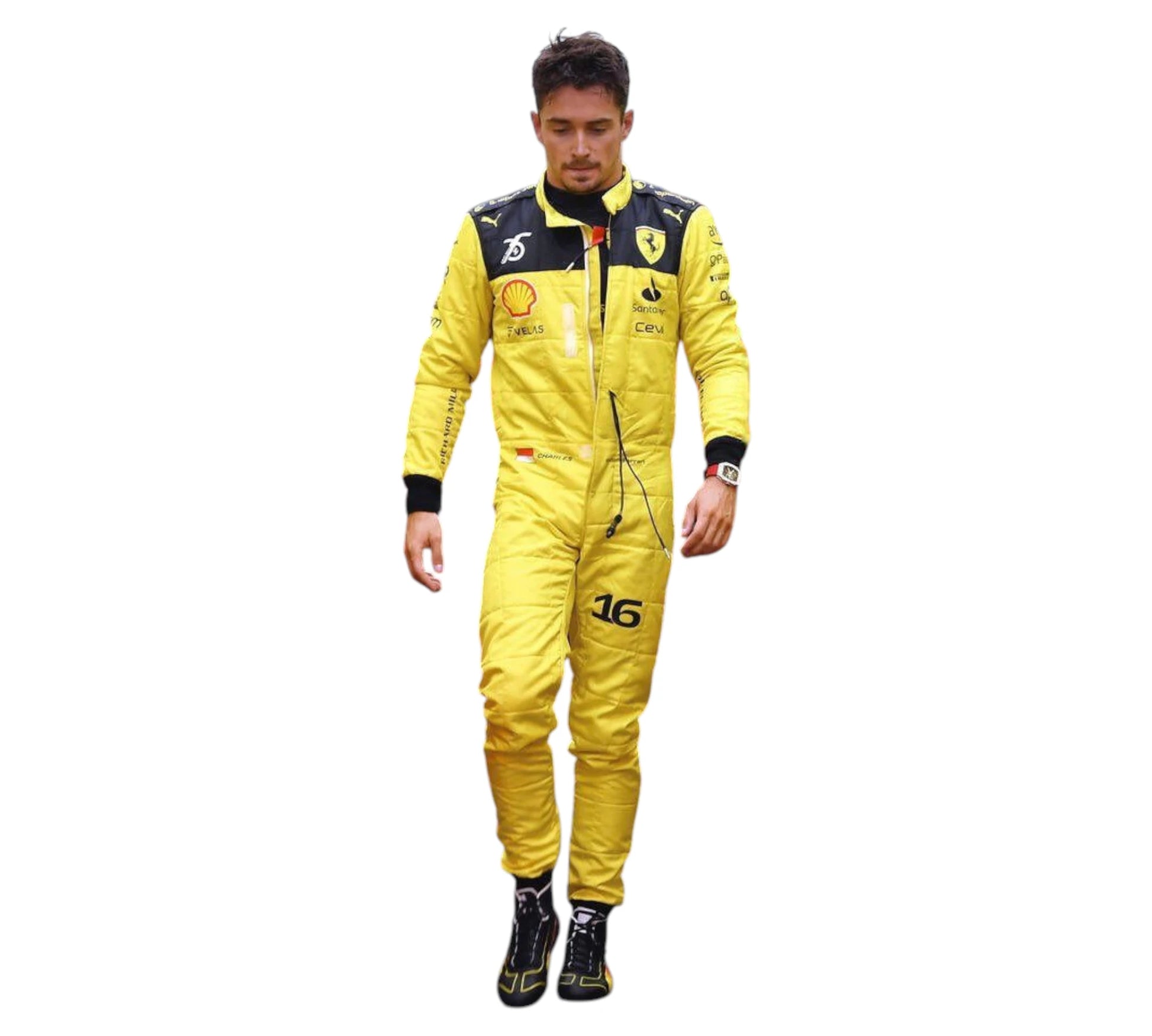 Person wearing a yellow racing suit with sponsor logos on a white background