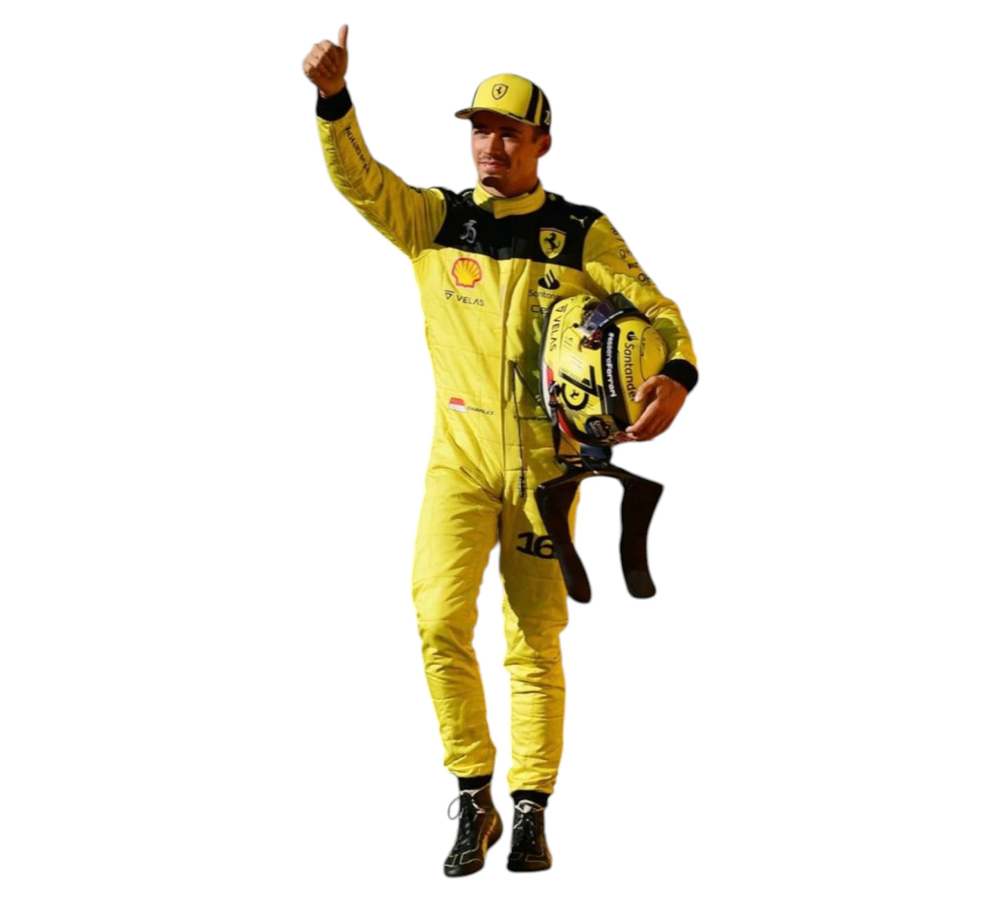 Person in a yellow racing suit with helmet and gloves, pointing upwards on a white background