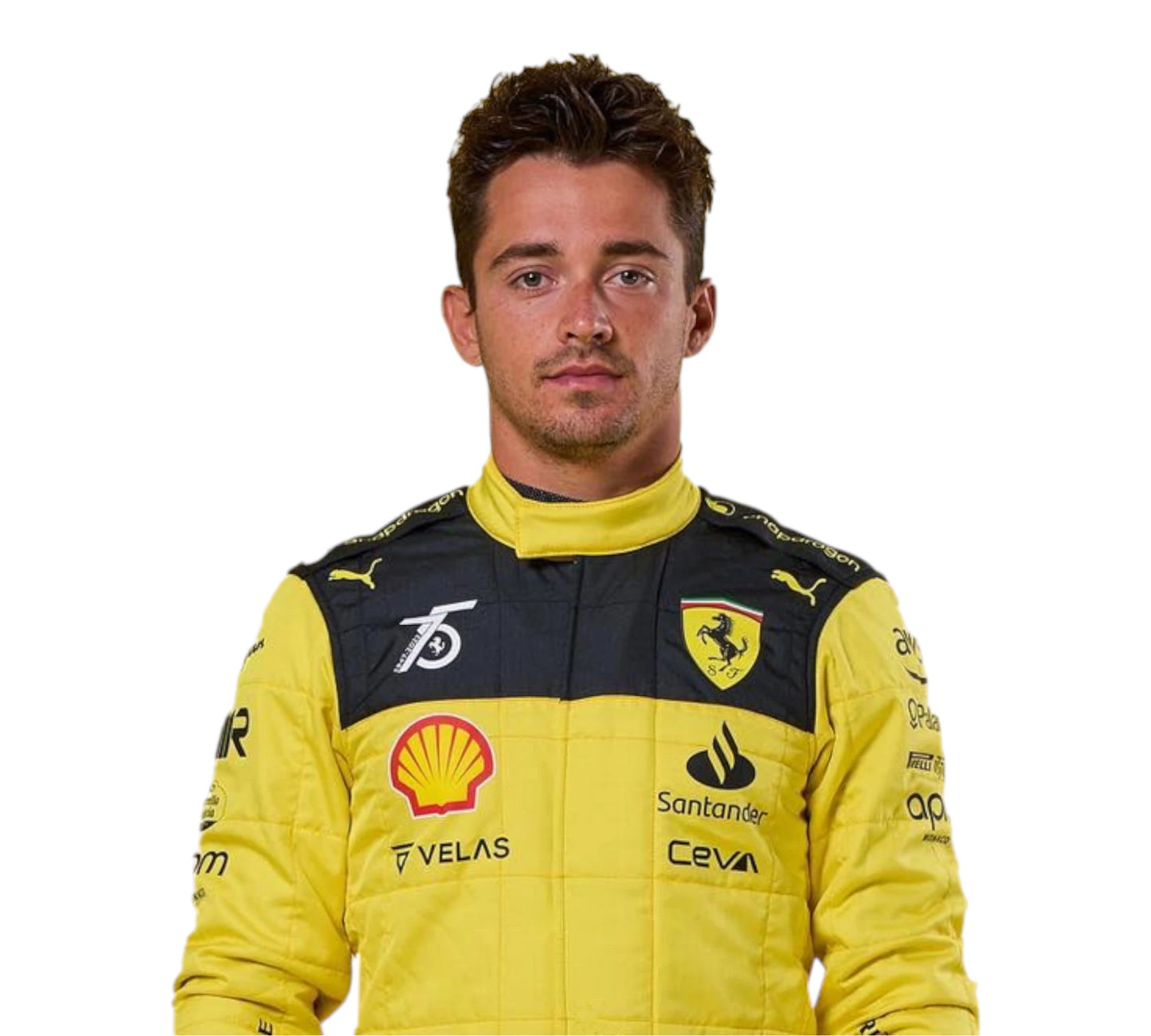 Person wearing a yellow racing suit with various sponsor logos on a white background