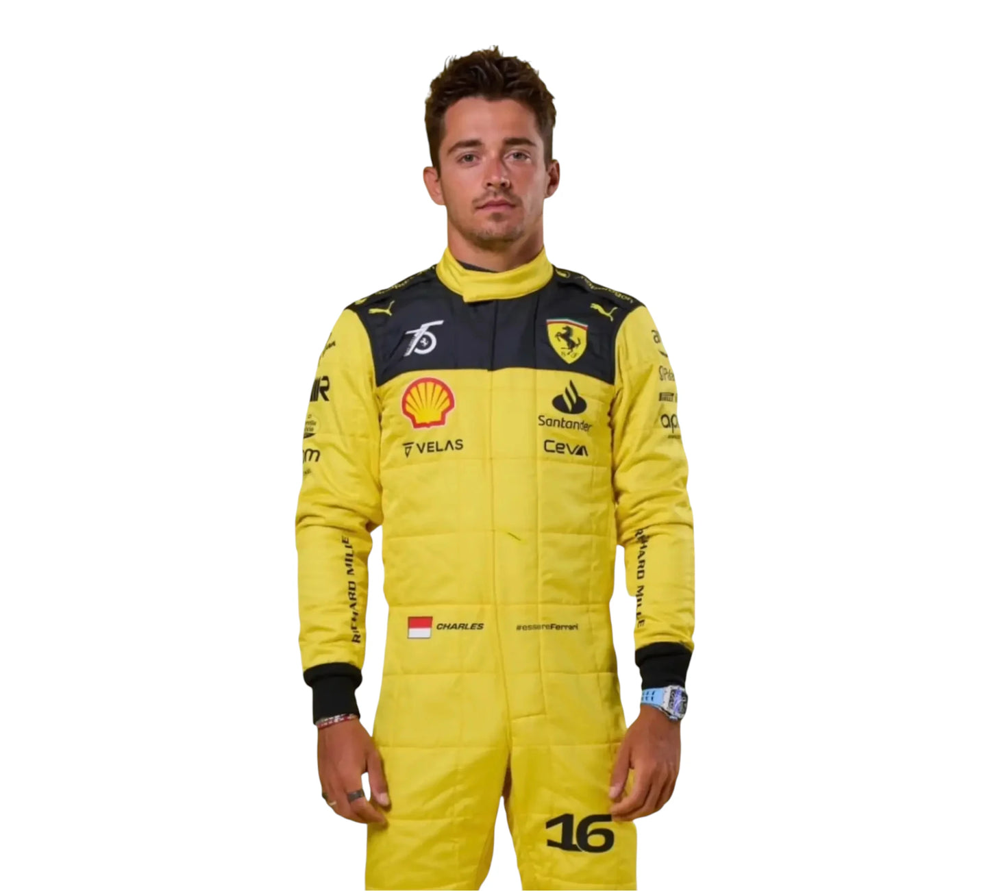 Person wearing a yellow racing suit with sponsor logos on a white background