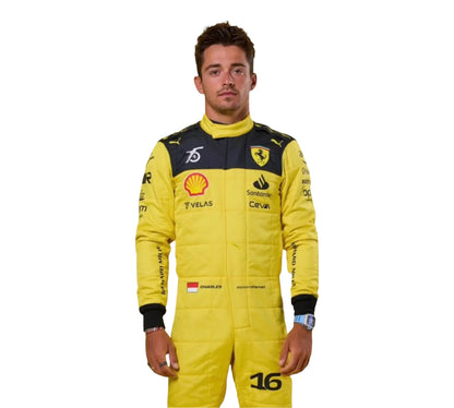 Person wearing a yellow racing suit with sponsor logos on a white background