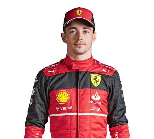 Person wearing a red and black racing suit with various logos on a white background