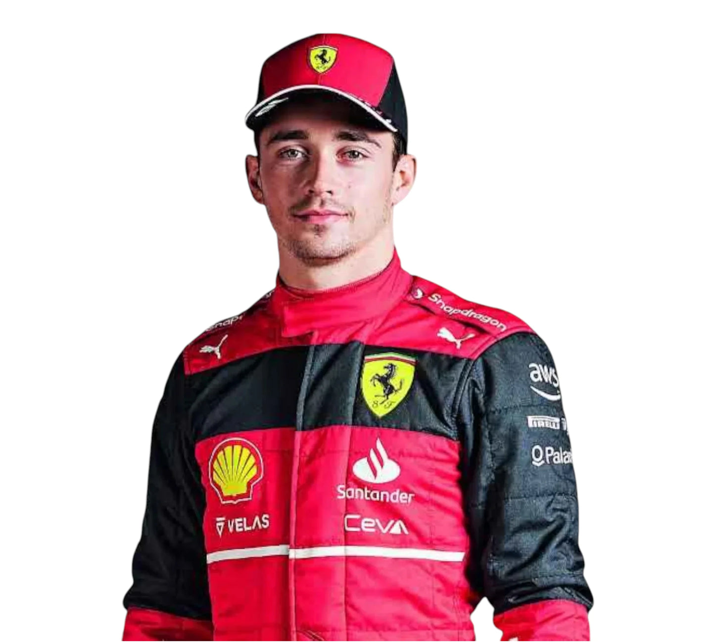 Person wearing a red and black racing suit with various sponsor logos on a white background