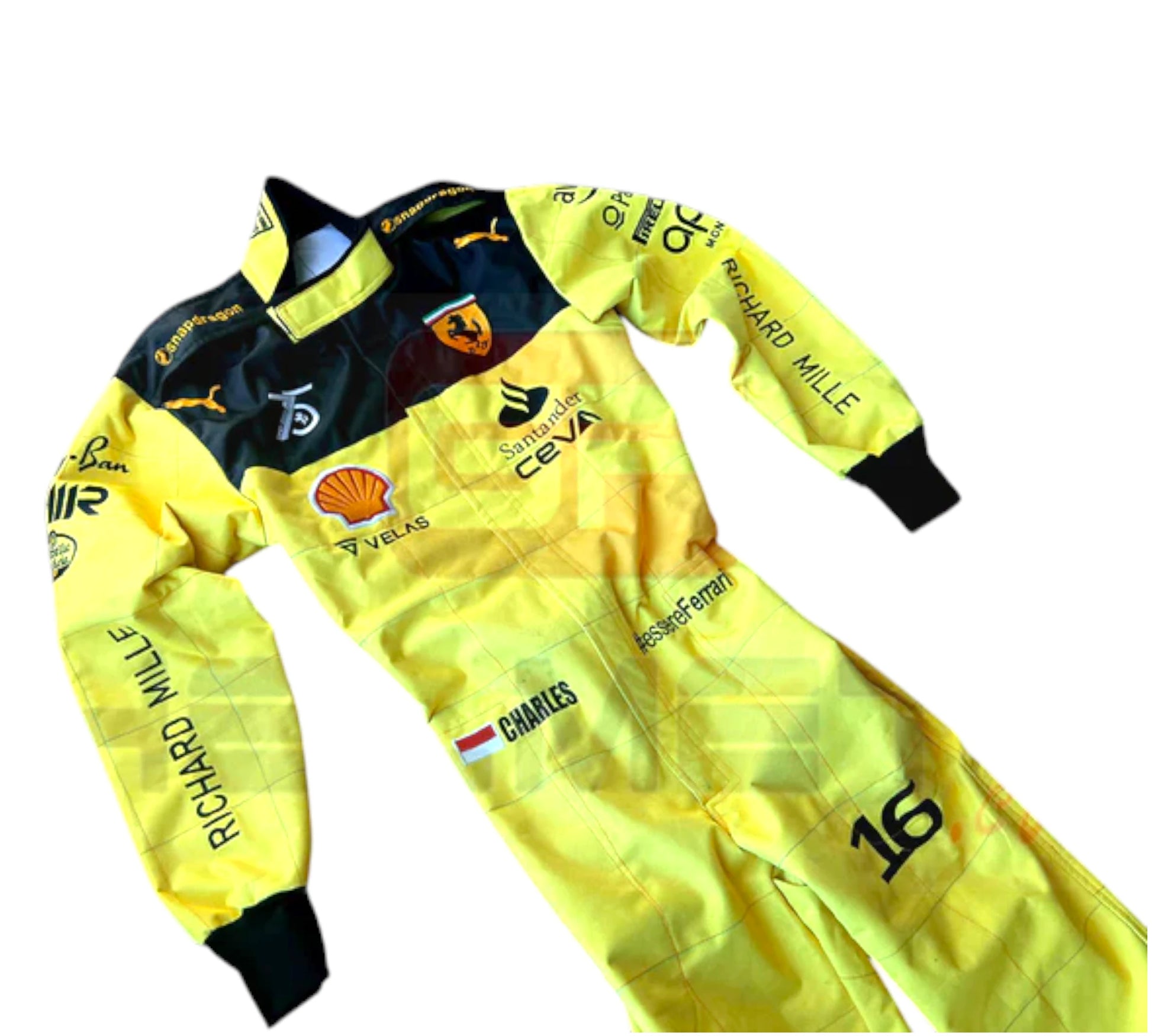 Yellow racing suit with multiple brand logos on a white background