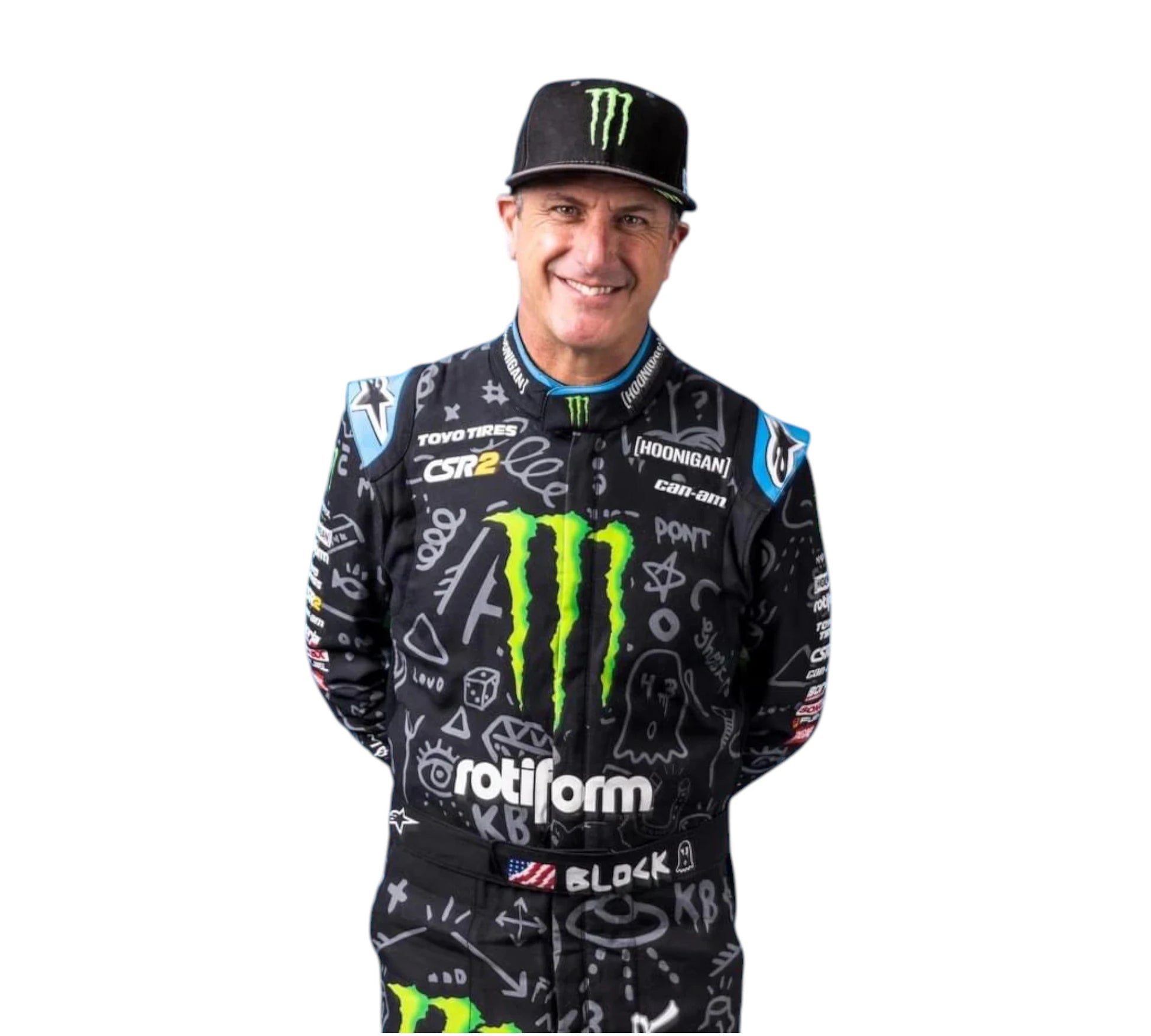 Person wearing a black racing suit with sponsor logos on a white background