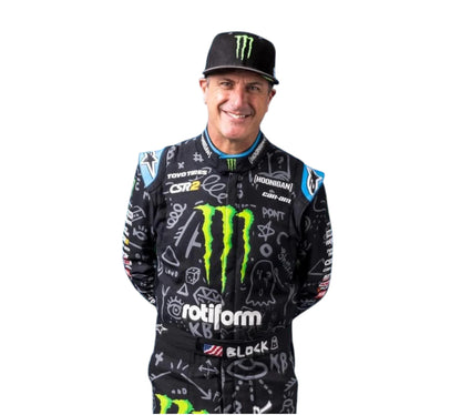 Person wearing a black racing suit with sponsor logos on a white background