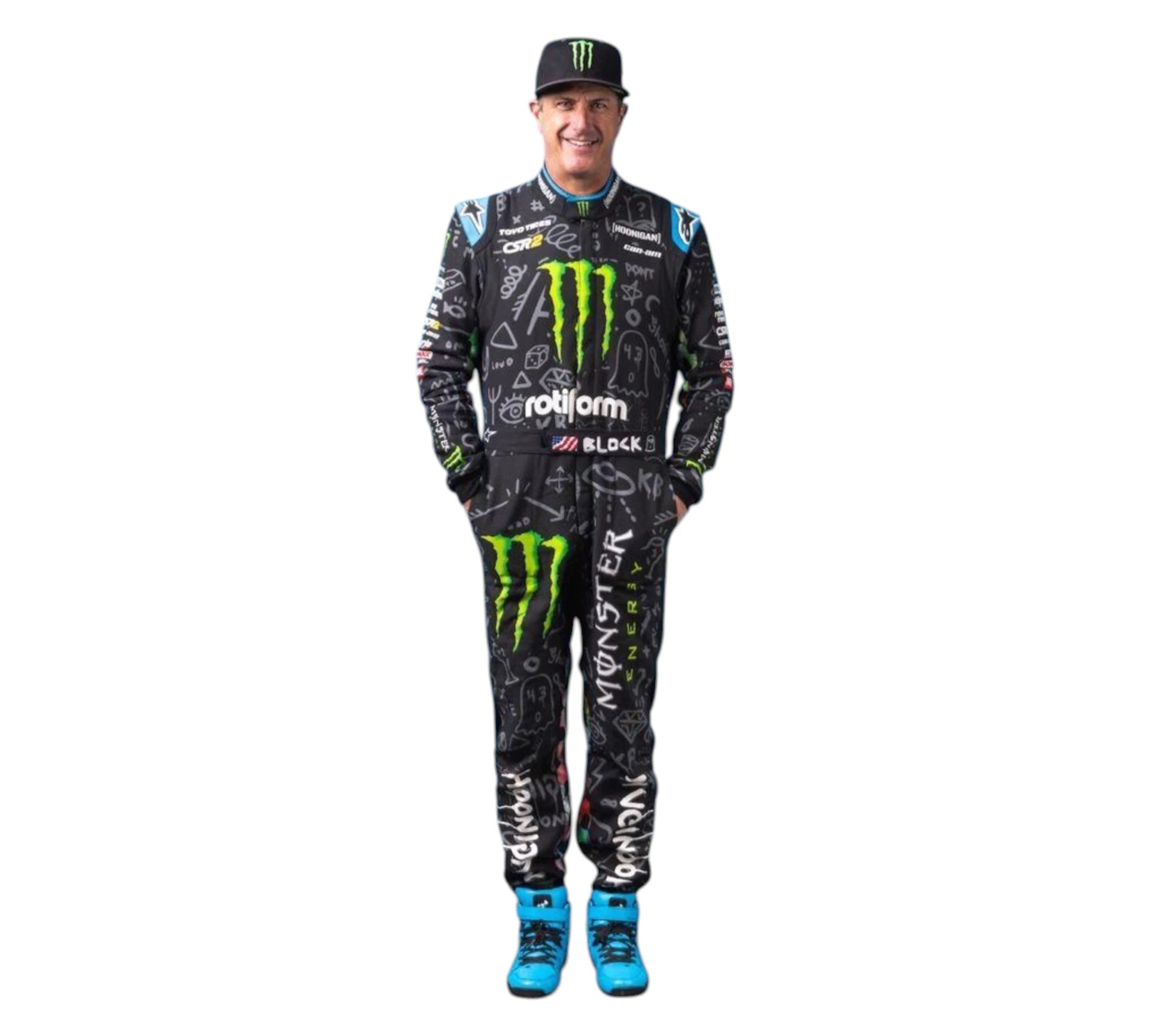 Person wearing a black racing suit with Monster Energy branding on a white background