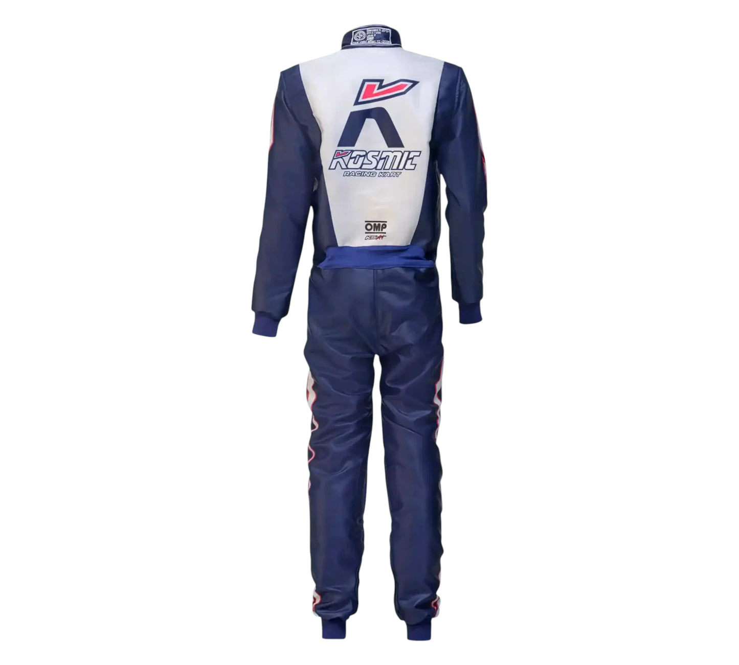 Navy and white racing suit with visible branding on a white background
