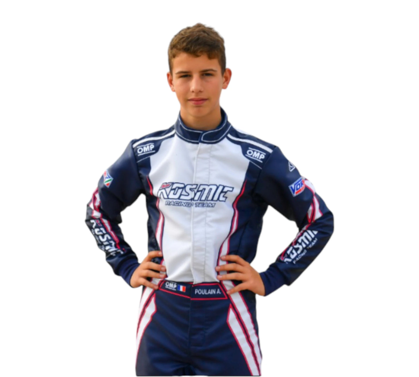 Person wearing a racing suit with visible branding on a white background