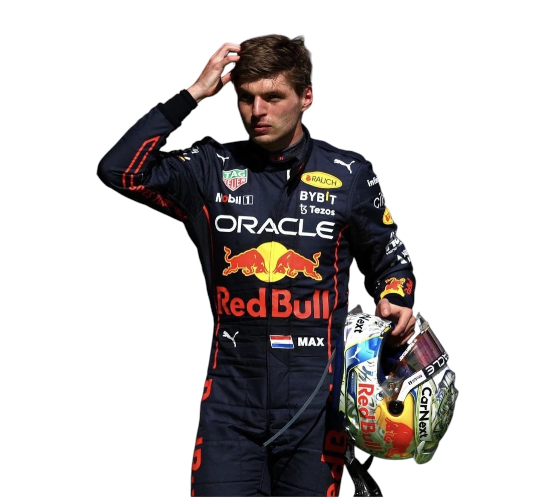 Person wearing a Red Bull racing suit holding a helmet on a white background