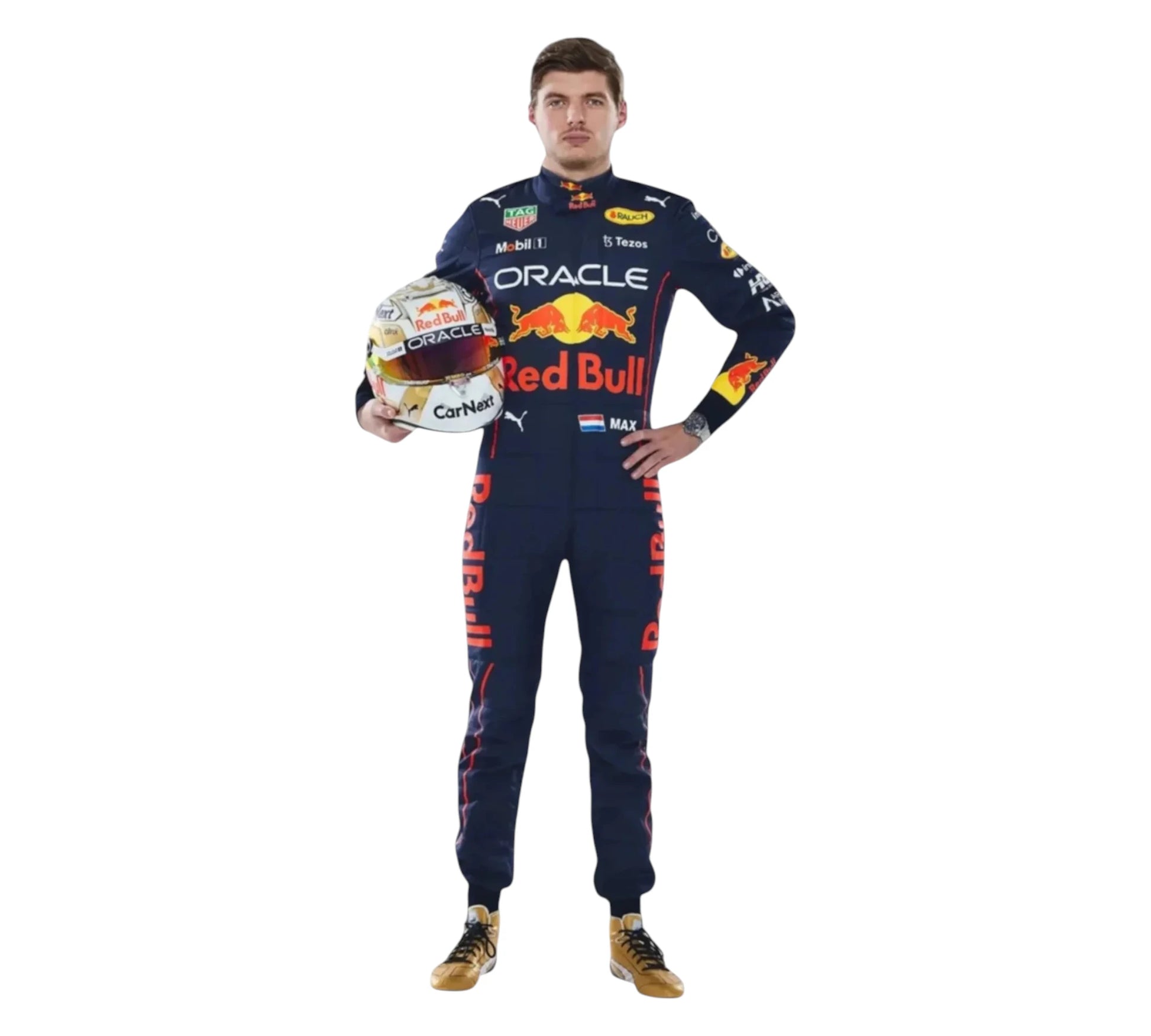 Person wearing a Red Bull racing suit holding a helmet on a white background