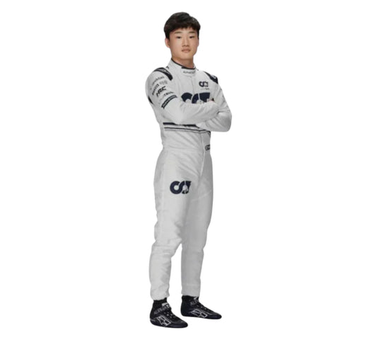 Person wearing a white racing suit with black accents on a white background