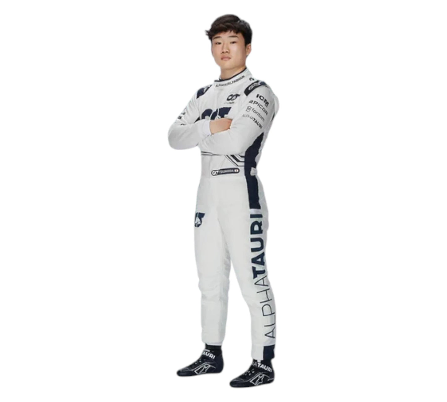 Person wearing a white racing suit with AlphaTauri branding on a white background