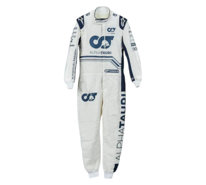 White racing suit with AlphaTauri branding on a white background