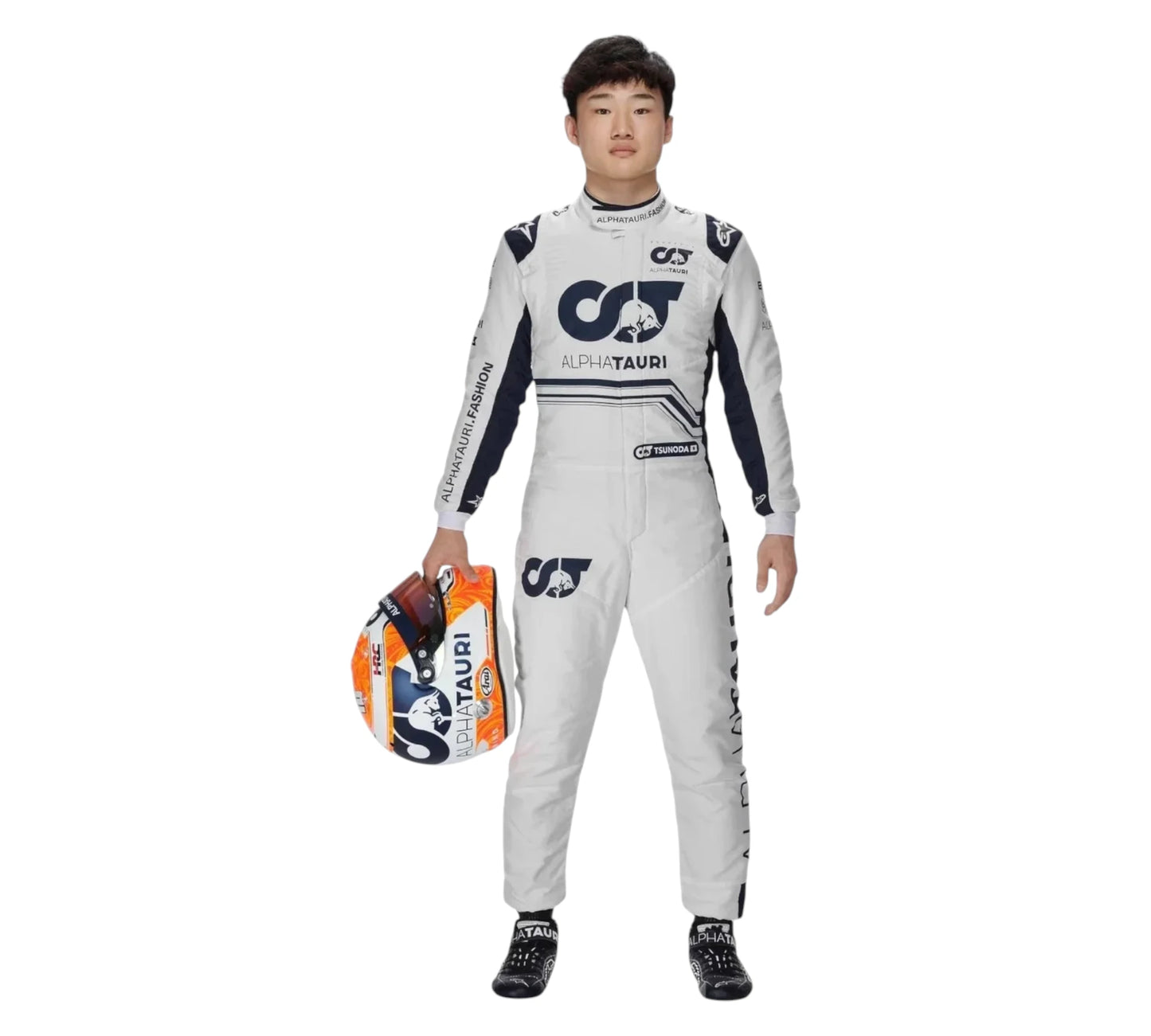 Person wearing a white racing suit with Alpha Tauri logo on a white background
