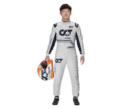 Person wearing a white racing suit with Alpha Tauri logo on a white background