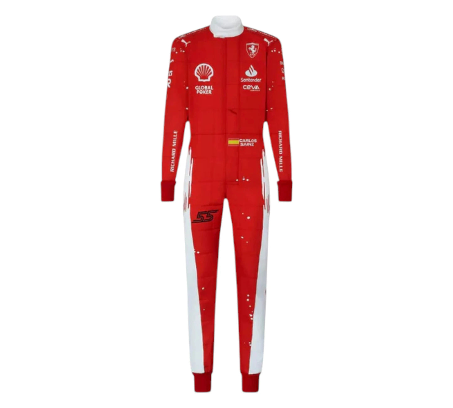 Red racing suit with various sponsor logos on a white background
